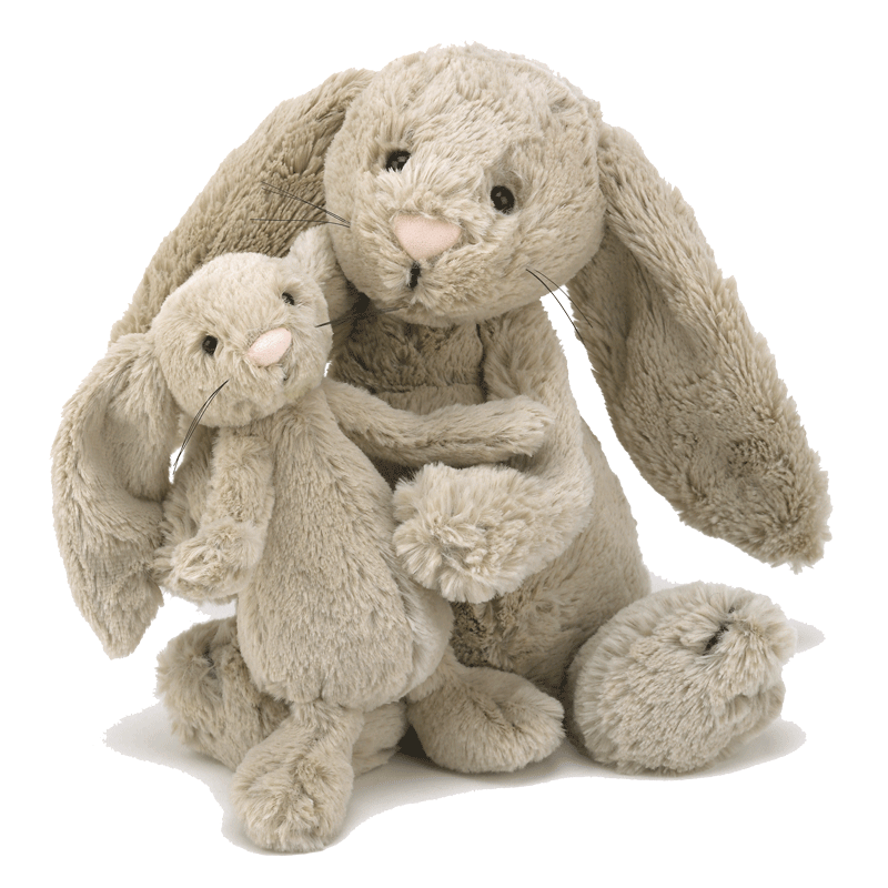 Jellycat Bashful Beige Bunny sitting with baby beige bunny