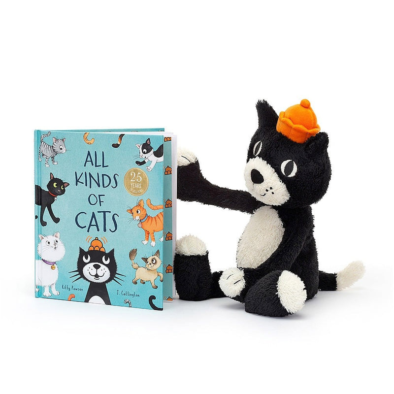 All kinds of cats book by Jellycat depicting an original Jellycat Jack Cat sitting beside the book