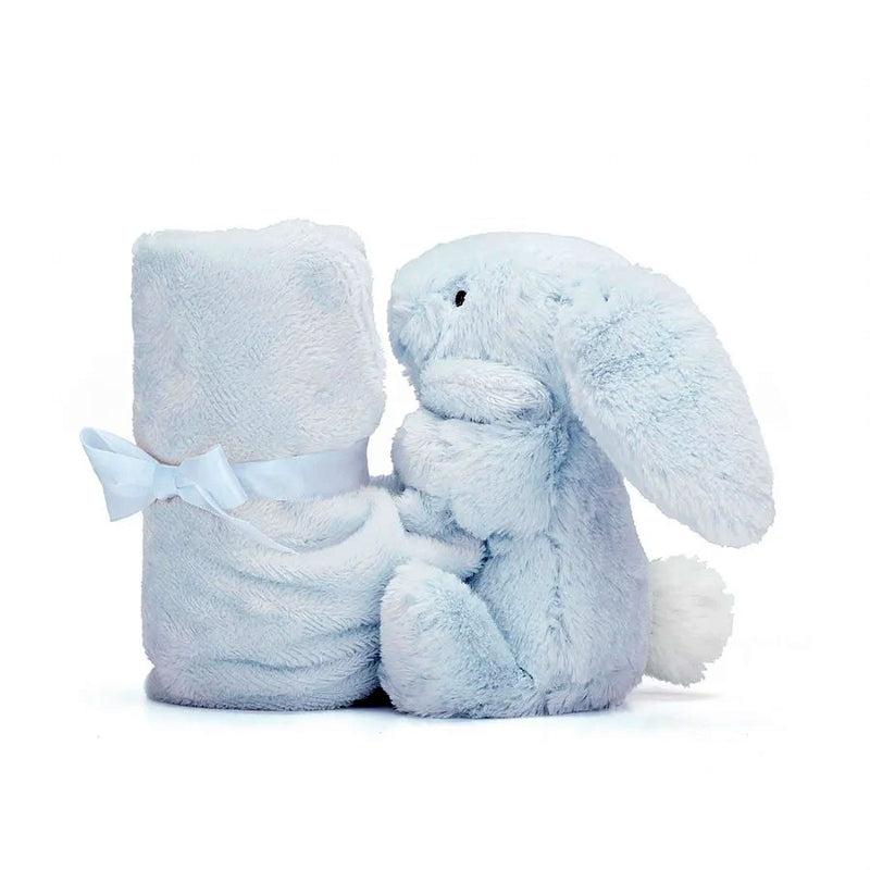 Side view of Jellycat Bashful Blue Bunny Soother