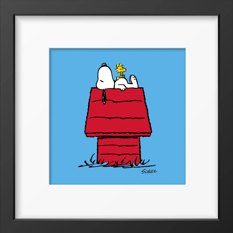Peanuts House Framed Print showing Snoopy asleep on top of his house