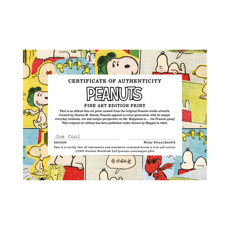 Snoopy and Peanuts Joe Cool framed print Certificate of Authenticity