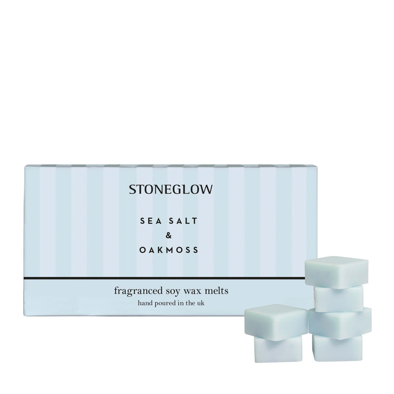 Stoneglow Sea Salt and Oakmoss fragranced soy wax melts showing melts beside packaging box