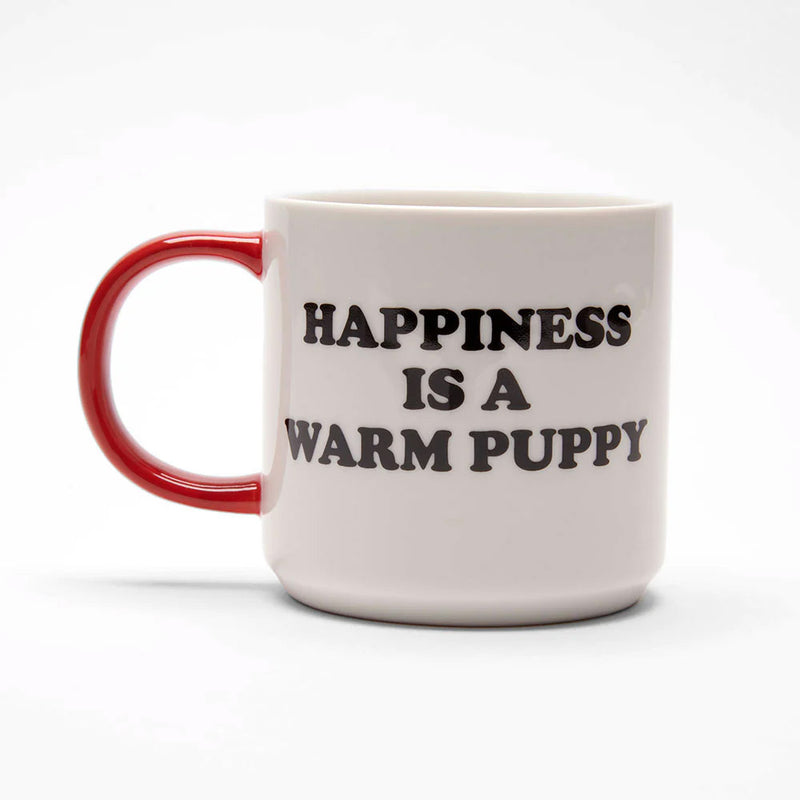 Snoopy and Peanuts Puppy Mug with text stating: Happiness is a Warm Puppy
