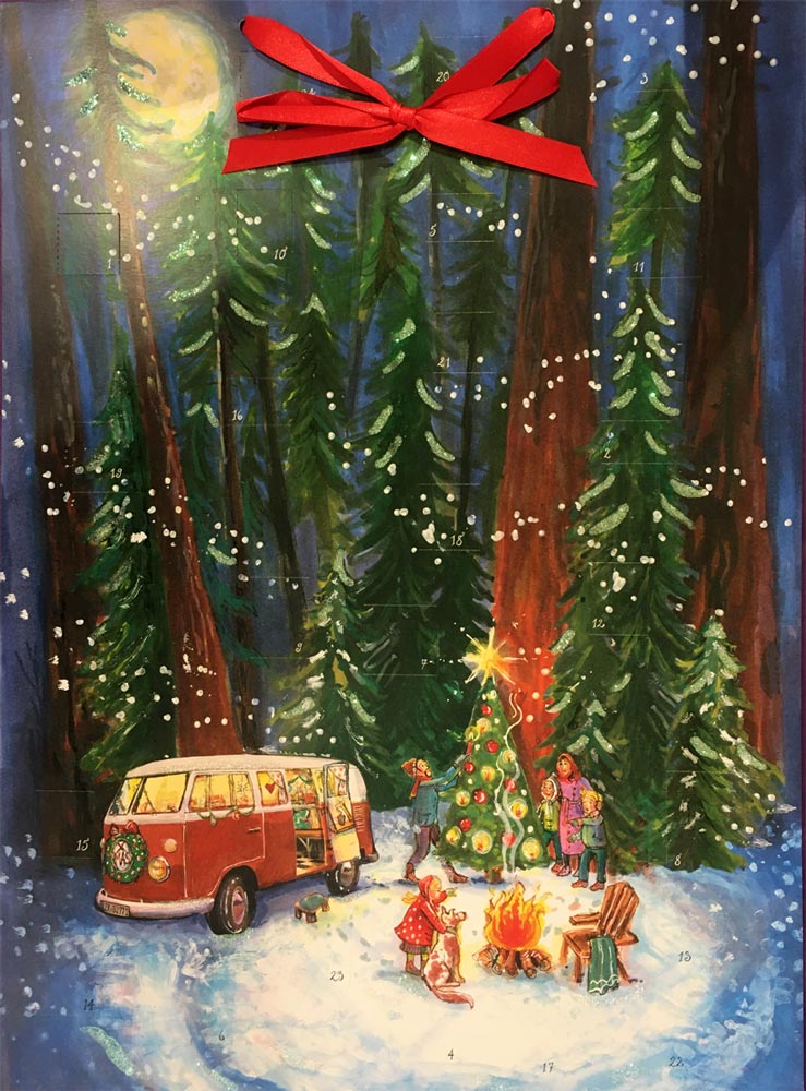 Coppenrath Christmas Advent Calendar showing a VW Campervan in a snowy, woodland setting, a christmas tree, tall fur trees and people around a campfire