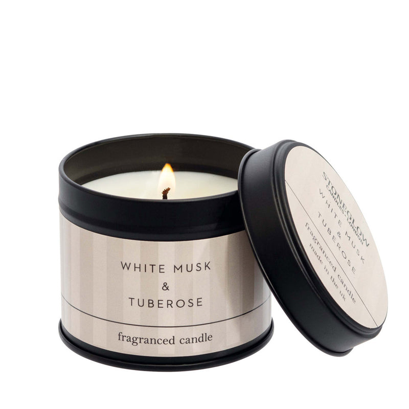 White Musk And Tuberose Scented Candle Tin by Stoneglow Candles 