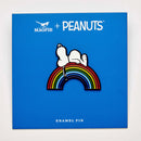 Snoopy and Peanuts Good Vibes Enamel Pin Rainbow  in blue packaging