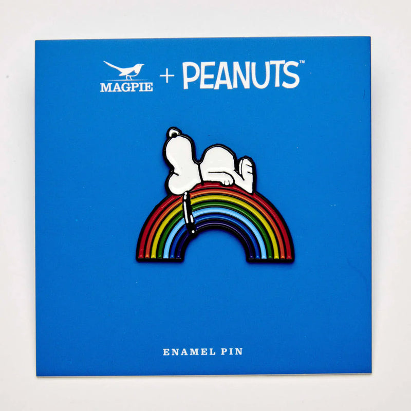 Snoopy and Peanuts Good Vibes Enamel Pin Rainbow  in blue packaging