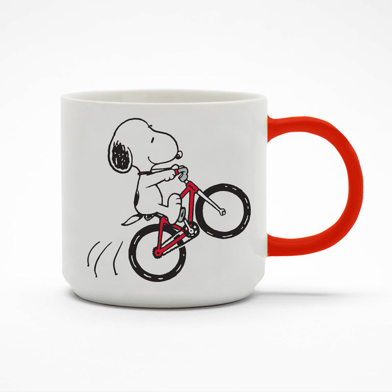 Snoopy Peanuts Born to Ride Mug showing Snoopy on his bike