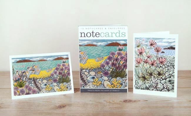 Notecards depicting a Pebble stoned shore with sea pink flowers
